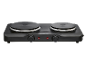 Black double hot plate with silver rings and red indicator lights.