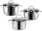 Three stainless steel pots with glass lids on a black background.