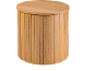 Round wooden table with vertical slats.