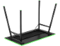 Black gaming desk with green edges and metal legs, viewed from underneath.