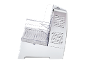 Side view of a white and clear ice maker with a transparent lid.