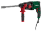Green and black rotary hammer drill with red handle and chisel