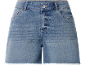 Blue denim shorts with a frayed hem and pockets.