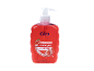 Red liquid soap with a pump dispenser, pomegranate scent, and fruit illustration.