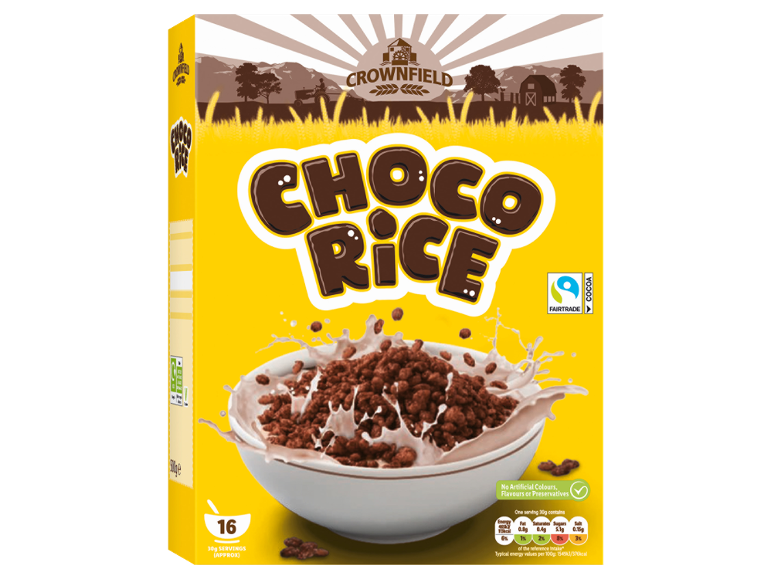 Yellow box of chocolate rice cereal with a bowl of cereal and milk, and nutritional information.