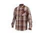 Men's long-sleeved plaid shirt in maroon, beige, and brown