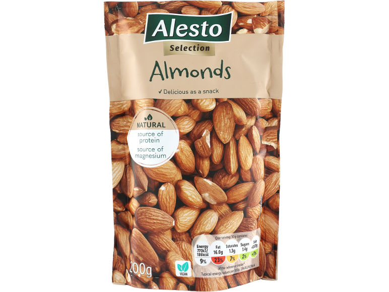 A bag of natural almonds, a source of protein and magnesium, with nutritional information.