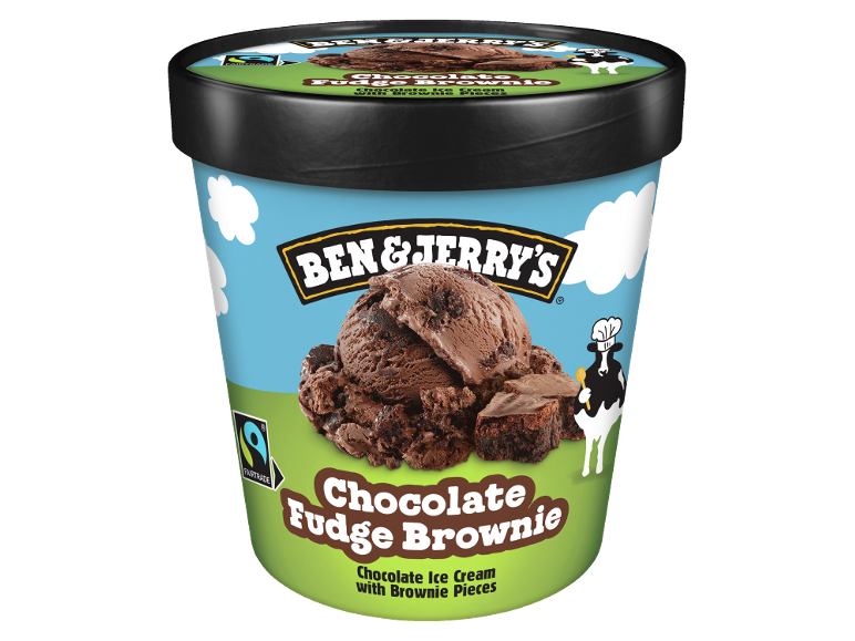 Chocolate ice cream with chocolate fudge brownie pieces, in a blue and green tub.