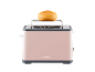 Pink toaster with a bun on the warming rack