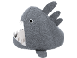Grey felt pet bed shaped like a shark with an open mouth.
