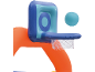 Orange and blue inflatable basketball hoop with a blue ball.