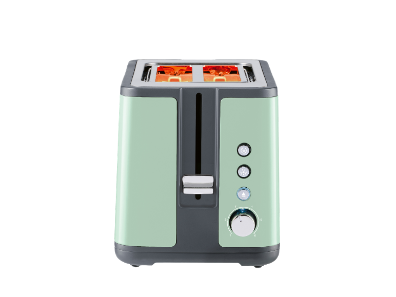 Light green two-slice toaster with control buttons.