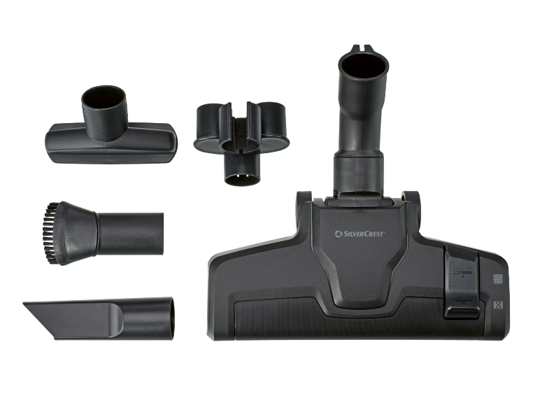 Grey vacuum cleaner accessories including a floor nozzle, brushes, and a crevice tool.