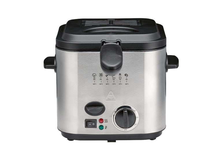 Stainless steel deep fryer with black lid and handles, temperature control, and timer.