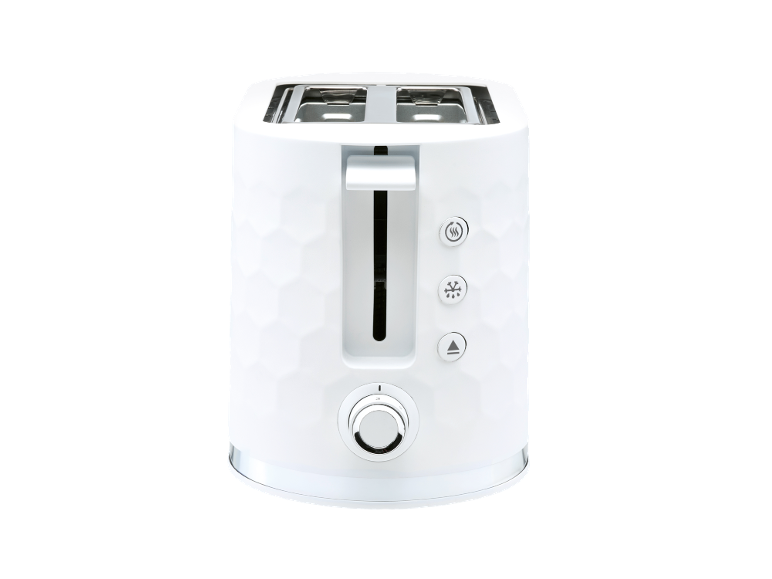 White toaster with hexagonal pattern, dual slots, lever, and function buttons.