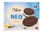 Chocolate cookie ice cream sandwiches with vanilla pods and milk splashes