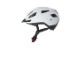 White bicycle helmet with a black visor and strap.