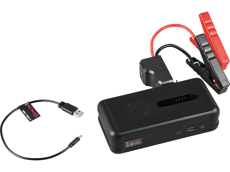 Black portable battery jump starter with red and black jumper clamps, and a USB charging cable.
