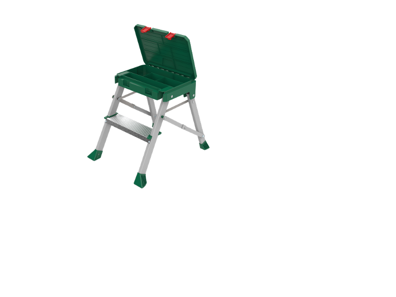 Green step stool with an open storage compartment on top.