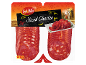 Packaging of sliced chorizo, with two packs of 100g each, and a serving suggestion.
