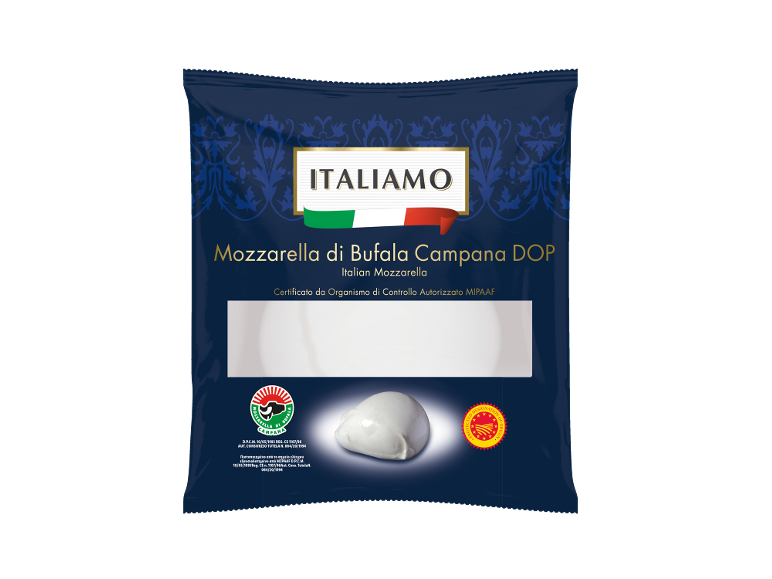 Bag of Campana DOP buffalo mozzarella, with a piece of mozzarella.