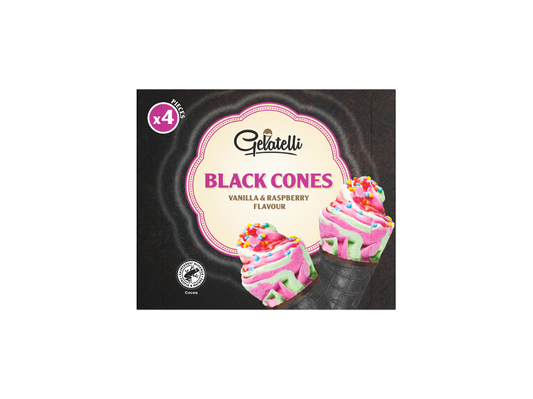 Box of 4 black vanilla and raspberry ice cream cones with colorful sprinkles.