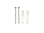 Two wood screws and two white plastic wall plugs on a black background.