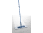 Floor mop with blue handle and microfiber cloth on tiled floor.