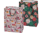 Two Christmas gift bags, one with a snowy village, the other with baubles.