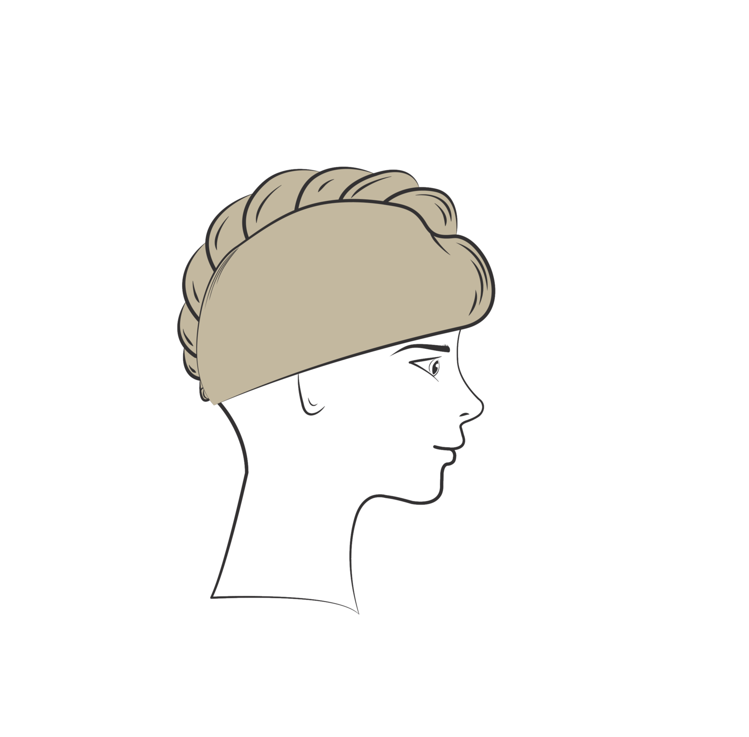 Profile of a person wearing a braided hat or headpiece.