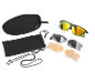 Sports sunglasses with interchangeable lenses, case, pouch, and neck strap.