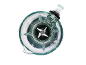 Top view of a glass blender with metal blades on a black background.