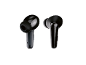 Two black wireless in-ear headphones, one marked with an 'R' for right.