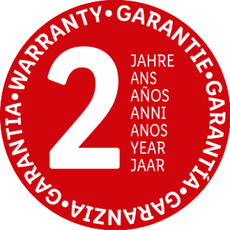 2-year warranty seal, with the text 'WARRANTY GARANTIE GARANTIA GARANZIA' and 'JAHRE ANS AÑOS ANNI ANOS YEAR JAAR'.