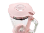 Pink blender with a glass pitcher, lid, and measurement markings.