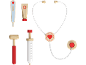 Wooden doctor's play set: thermometer, stethoscope, cream, syringe, and hammer.