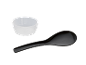Translucent measuring cup and black serving spoon on a black background.