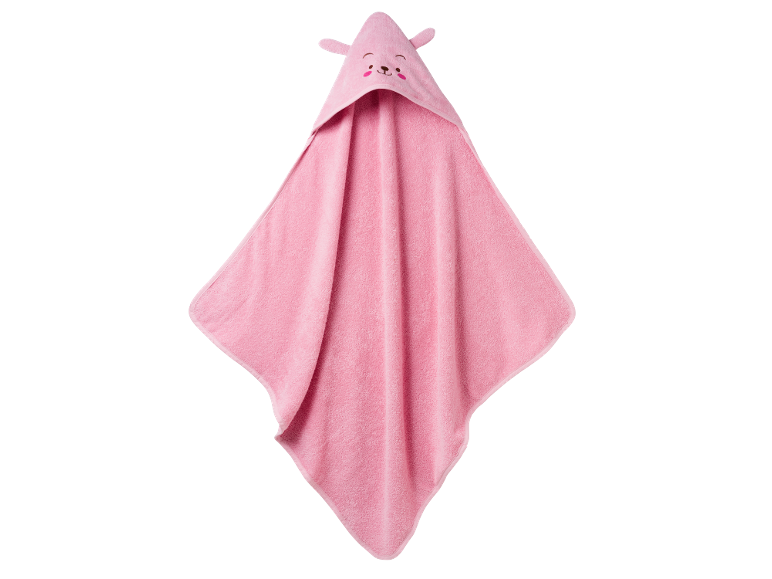 Pink hooded baby towel with an embroidered animal face and ears