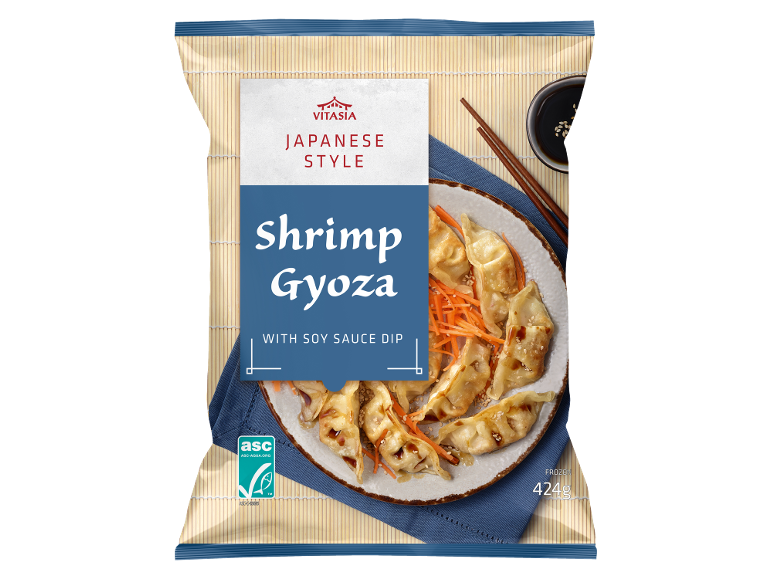 Japanese style shrimp gyoza with soy sauce dip, frozen product, 424g.