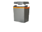 Grey and orange electric portable cooler with the lid slightly ajar.