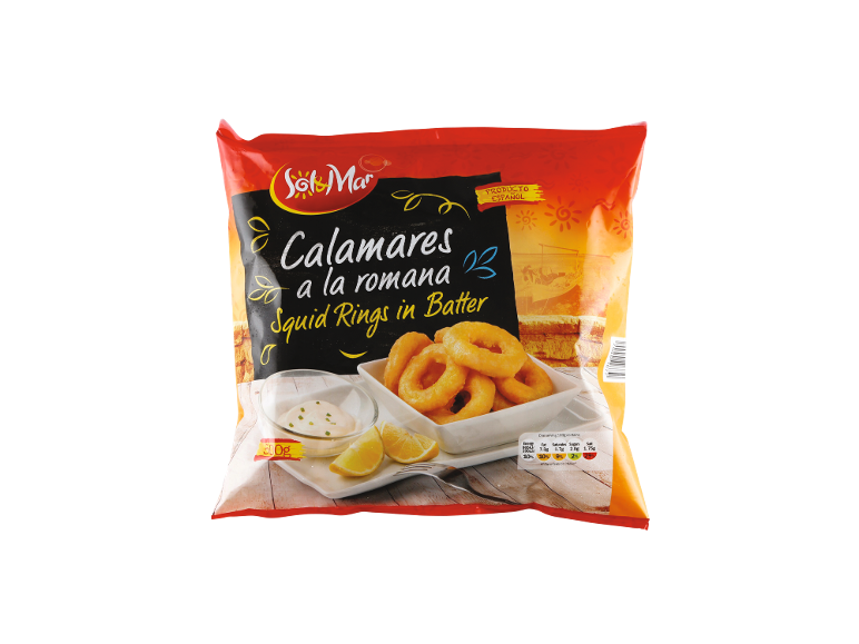 Breaded squid rings in a package, with lemon and sauce.