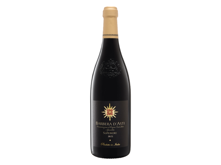 Red wine bottle with a black label and gold details, featuring 'Barbera d'Asti Superiore 2021'
