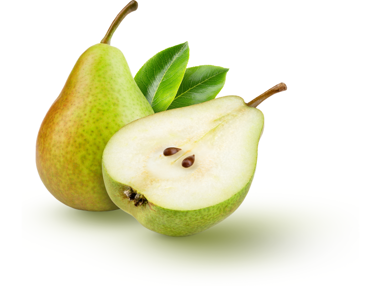 Fresh green pears, one whole and one cut in half, with green leaves.