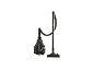 Black vacuum cleaner with hose and nozzle on a white background.