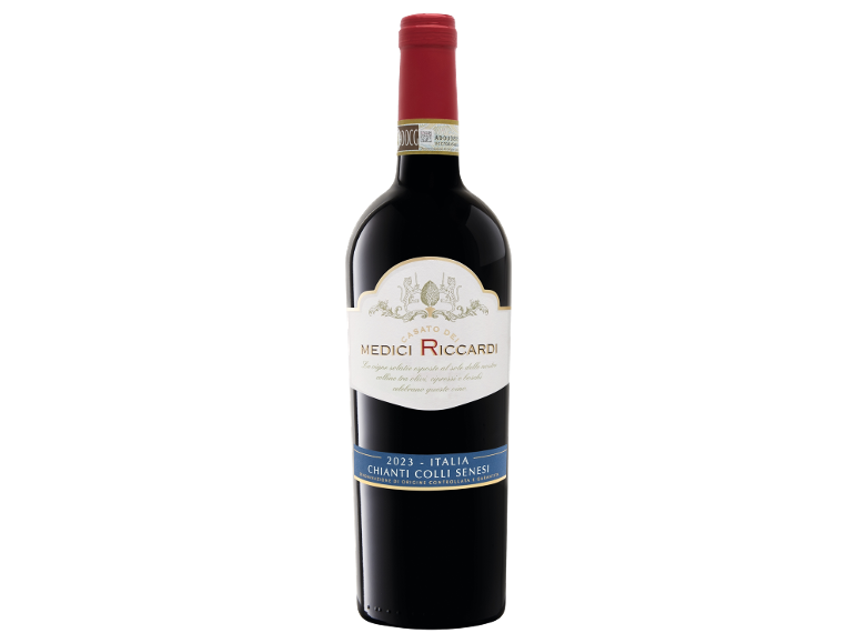 2023 Chianti Colli Senesi red wine bottle with a white label and gold details.