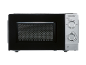 Black microwave oven with a silver control panel and two knobs