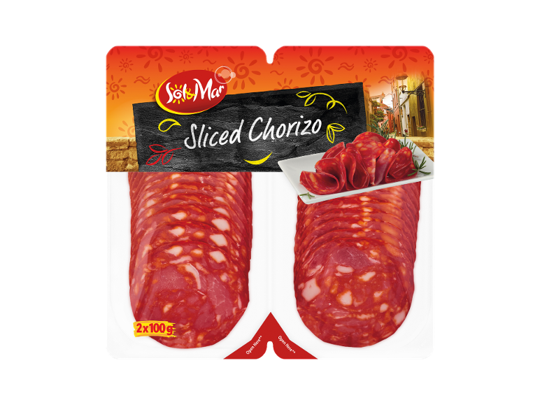 Packaged sliced chorizo, 2x100g, with a Mediterranean-themed background.