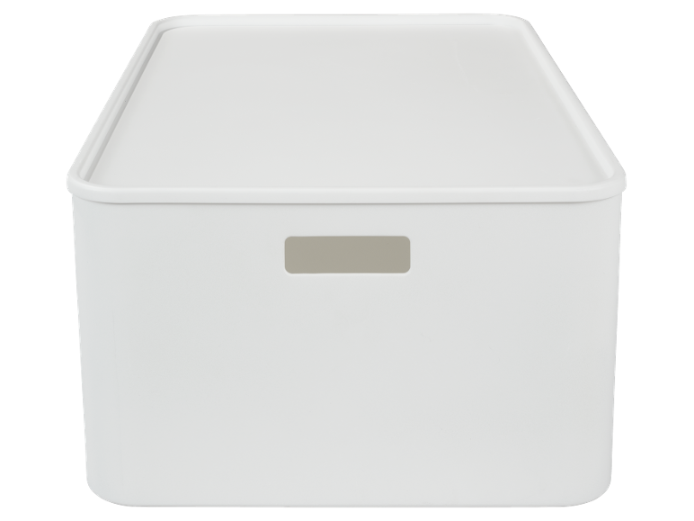 White storage box with lid and handle cutout