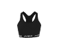 Black sports bra with white text on the elastic band.