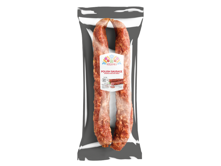 Packaged smoked and air-dried Polish sausage with nutritional information on the label.